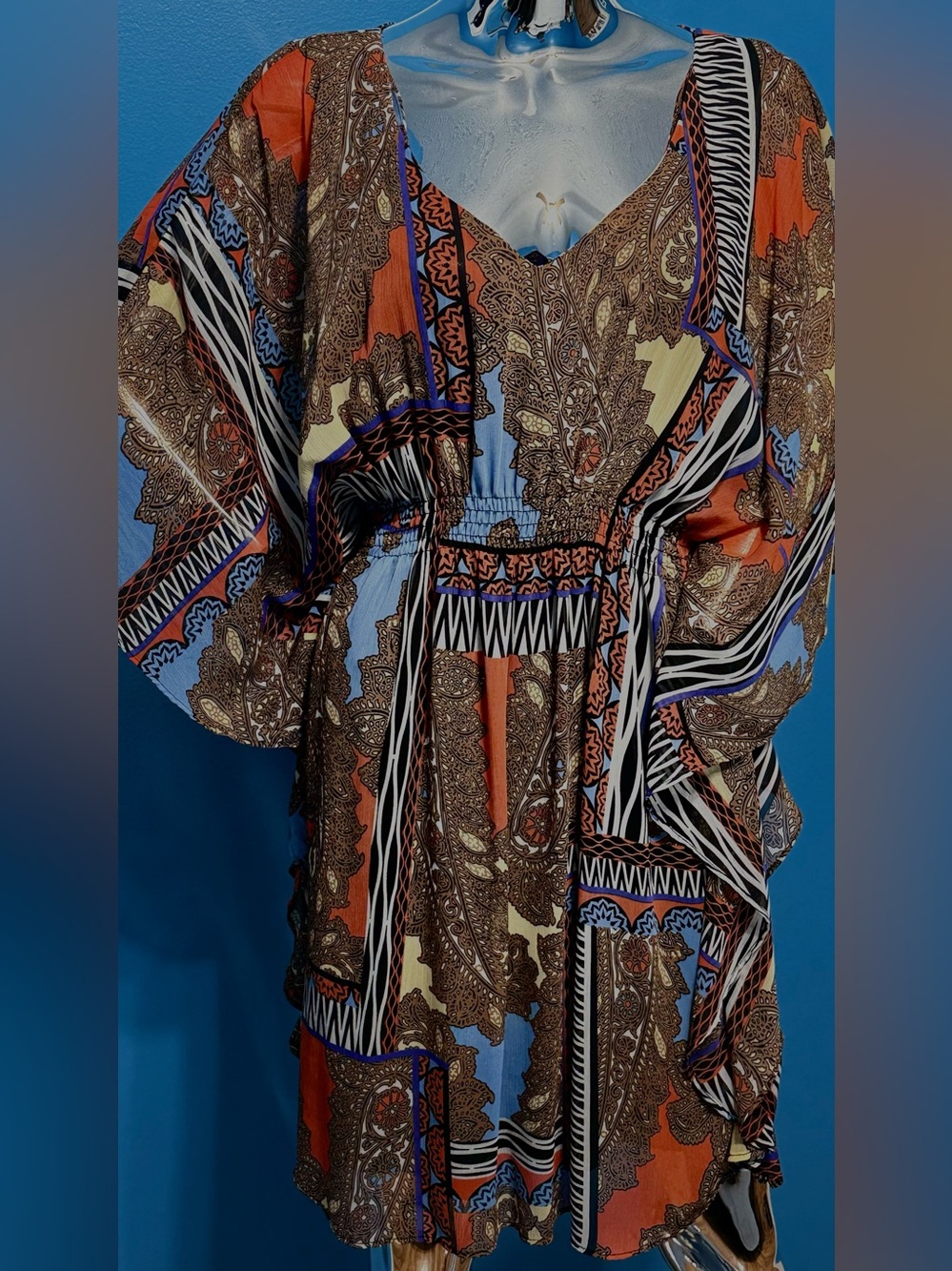 Emma & Michele Paisley Print Mini Dress in Orange, Blue & Brown
